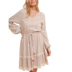 Hem & Thread Crochet Trimmed Peasant Dress Large Brown Creme Long Sleeve NWT